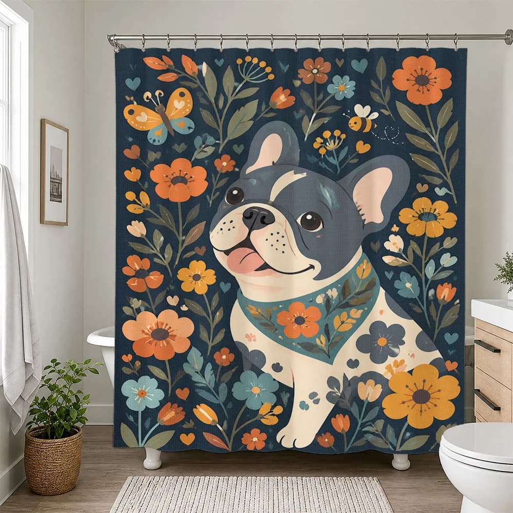 Cute Blue Dog Floral Shower Curtain Bathroom Decor Waterproof Printed Pet Lover Shower Curtain