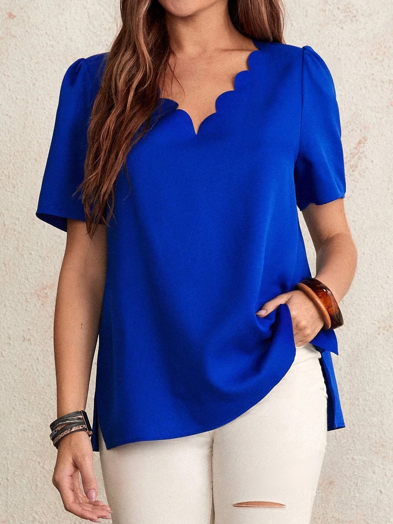 Women's Royal Blue Scalloped V Neck Blouse Puff Short Sleeve Side Split Loose Tunic Top Elegant Casual Work Spring Summer Shirts