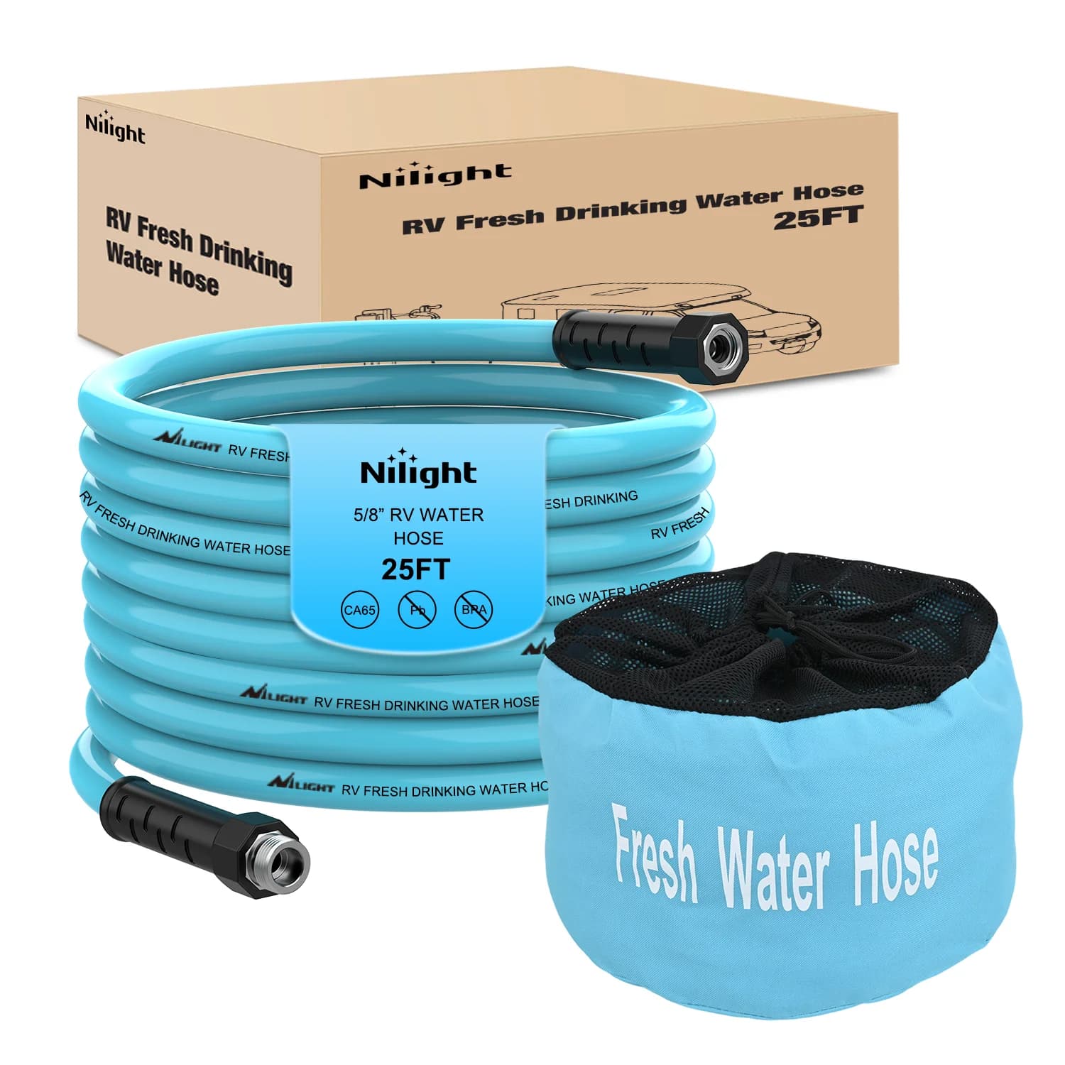 Nilight RV Water Hose 25FT Garden Drinking Hoses with Storage Bag Leakproof Anti-Kink 5/8" Inner Diameter Flexible Lightweight Freshwater Hose for RVs Campers Travel Trailer Boat Car Wash Accessories