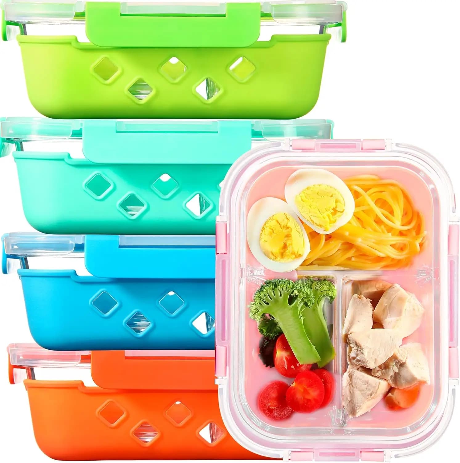 Set di 5 Contenitori in Vetro per Preparazione Pasti con Coperchi, 3 Scomparti, Ermetici e Lavabili in Lavastoviglie, 34 oz
