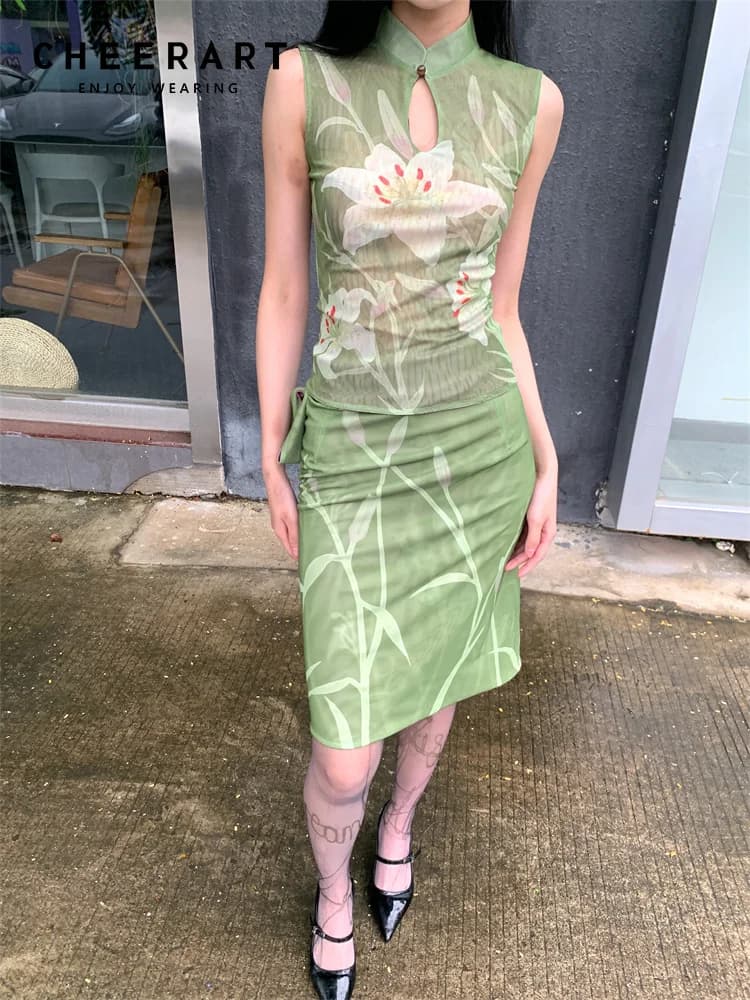 CHEERART Set due pezzi per donna elegante vestito estivo giglio verde floreale Vintage Top e gonna Set abbigliamento donna 2024