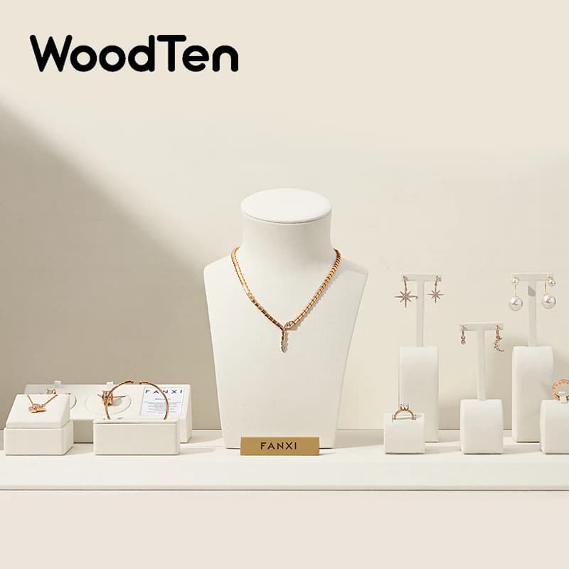 WoodTen Beige Espositore per gioielli in microfibra Anello di moda Bracciale Orecchino Collana Bancone Esposizione Espositore per gioielli Puntelli