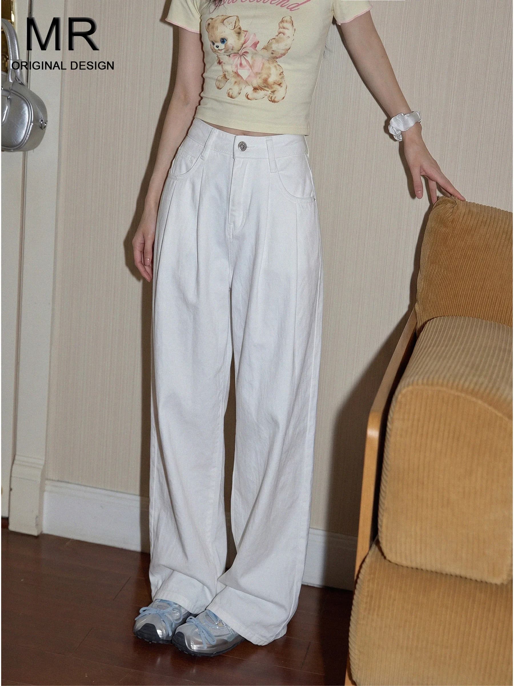 High Waist Wide Leg Jeans Women's Folded Design Floor-Length Casual Trousers Summer Loose Drapey Straight Cut Jeans
