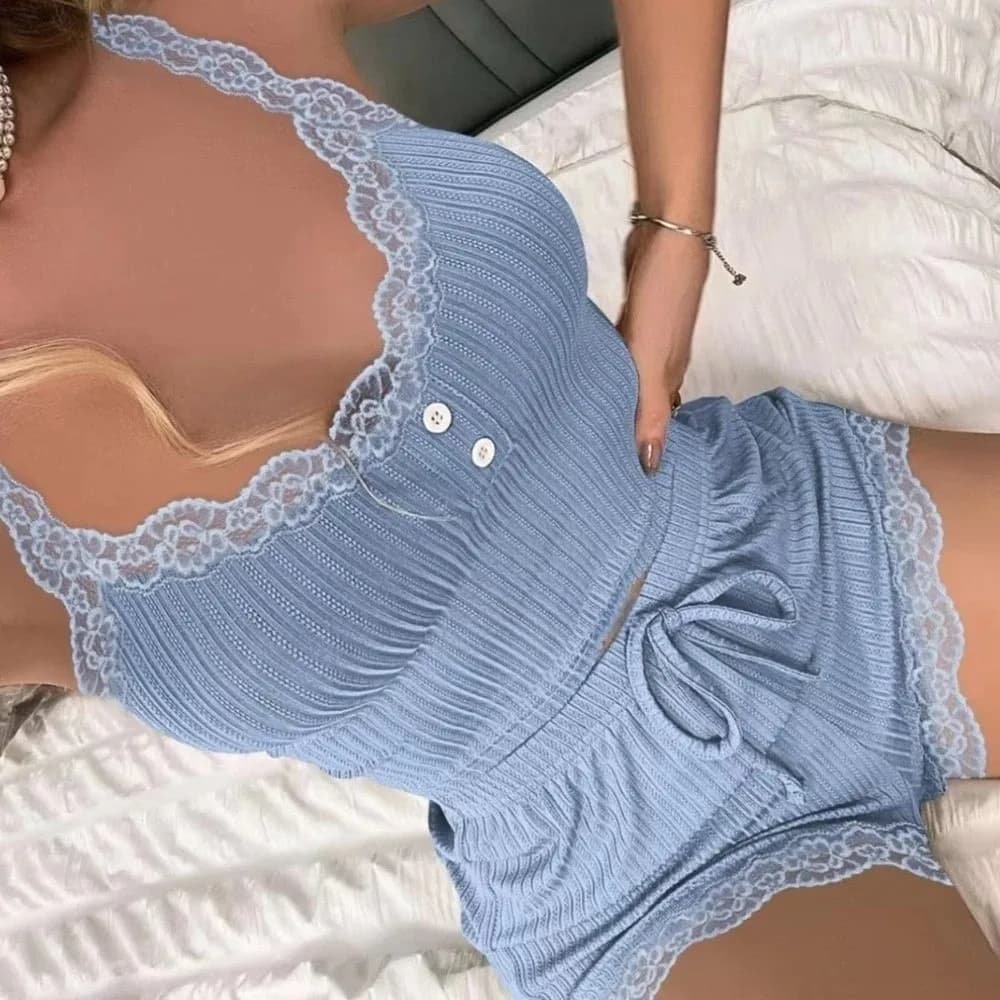 Pigiama da donna slim fit in pizzo: canotta, pantaloni lunghi e pantaloncini, top corto in pizzo, canotta da notte, corsetto in pizzo, completo pigiama