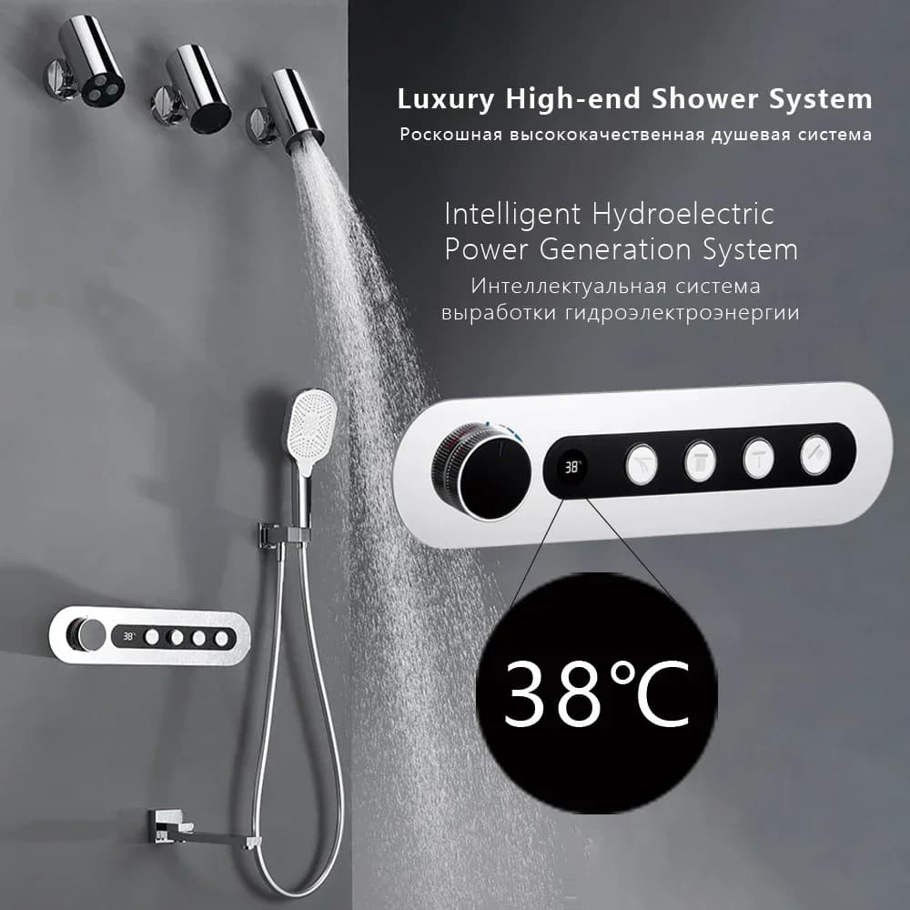 Sistema doccia a scomparsa per bagno intelligente di lusso Display digitale Miscelatore in rame Set di rubinetti per doccia Set doccia a 4 vie con cascata a pioggia