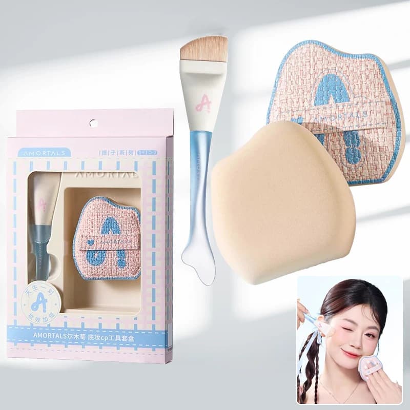 Set di Pennelli Trucco Ultra-Sottili: Pennello Fondotinta con Spugna Senza Tracce, Morbido Puff in Spugna, Pennello Angolato per Trucco, Strumento di Bellezza