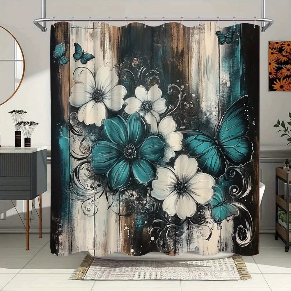Tenda da doccia artistica floreale e farfalla da 1 pezzo, verde acqua e bianco su sfondo in legno rustico, poliestere, tessuto, con 12 ganci,