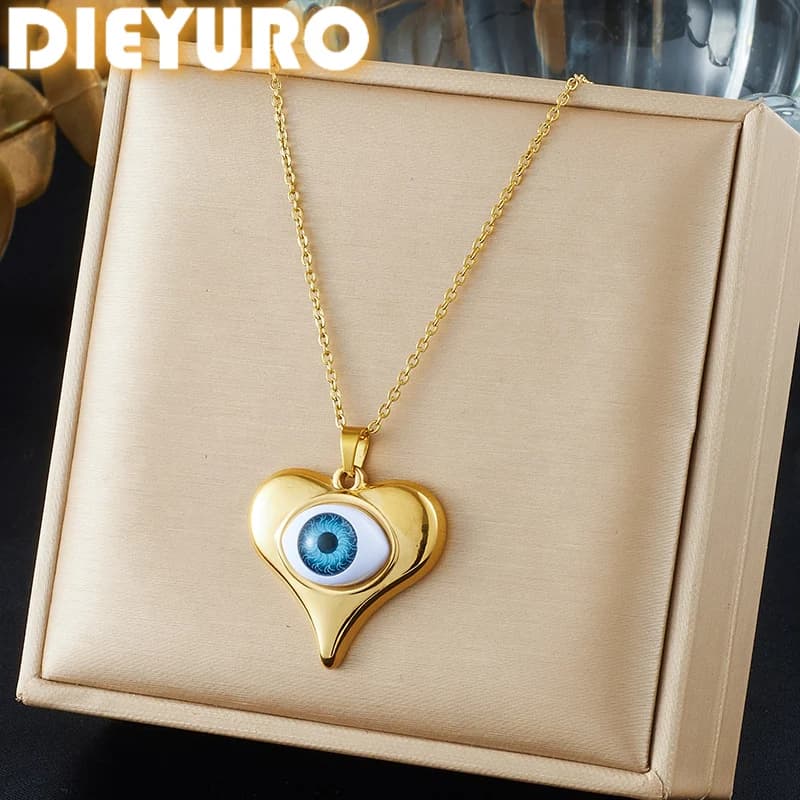 DIEYURO Collana con Ciondolo a Cuore con Occhio Malvagio in Acciaio Inossidabile 316L, Gioiello da Donna Placcato Oro 18K, Catena alla Moda, Regalo
