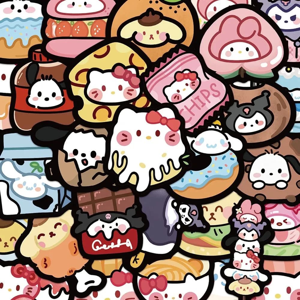 10/30/50pcs Carino Divertente Cibo Sanrio Cartoon Adesivi Estetica Hello Kitty Kuromi My Melody Anime Decalcomanie Kawaii Bambini Adesivo giocattoli