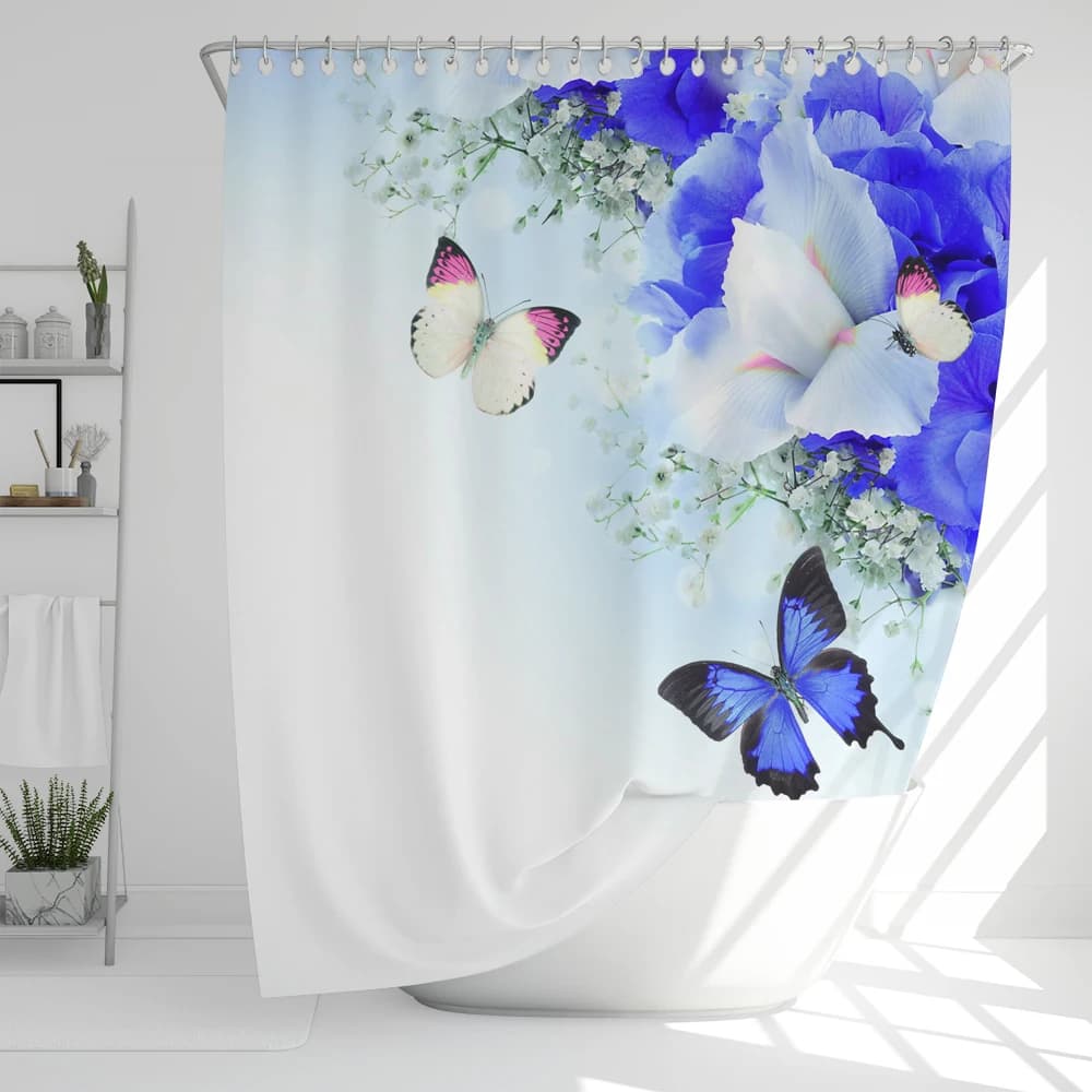 Tenda da doccia impermeabile stile fiori freschi da 1 pezzo, tenda decorativa per bagno con farfalla blu di fiori, con ganci in plastica