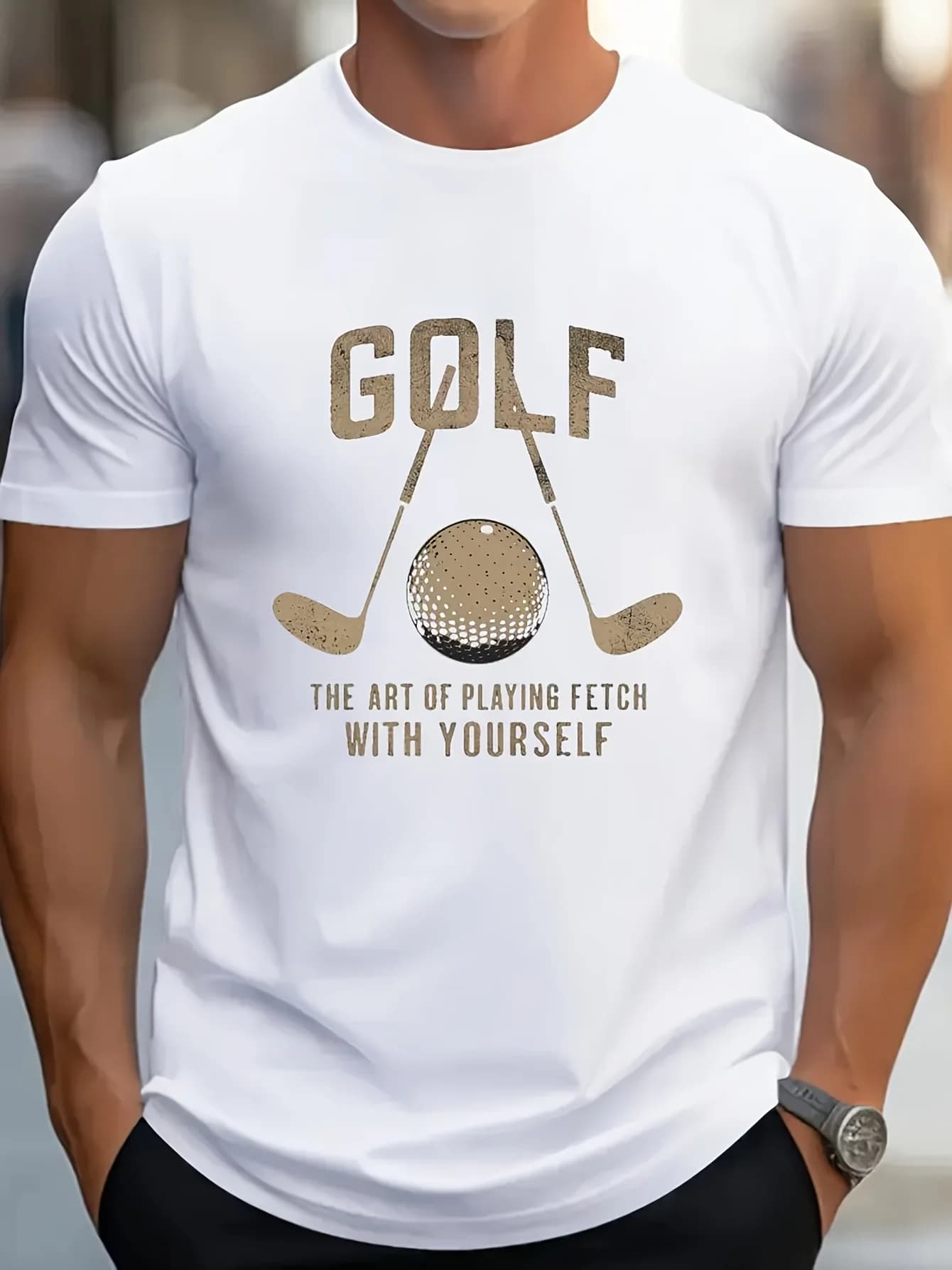 T-shirt da uomo alla moda con grafica GOLF T-shirt casual bianca a maniche corte con design di mazze di palline da golf in misto poliestere elasticizzato