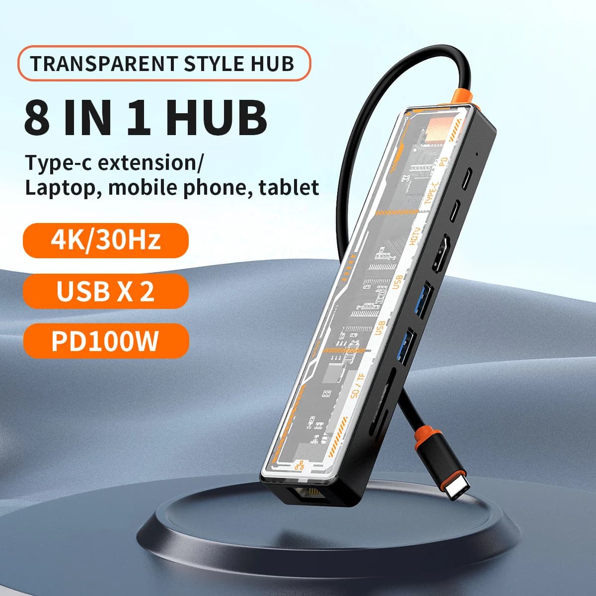 Adattatore HDMI per Docking Station USB-C trasparente 8 In1 con HDTV,USB3.0/2.0, ricarica PD, porte SD/TF2.0,RJ45100M per Mac iPad DELL