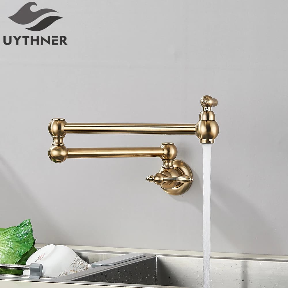 Rubinetto per lavello da cucina ruotato in oro spazzolato Rubinetto per acqua fredda Rubinetto per lavabo in ottone Rubinetti girevoli Rubinetto a parete