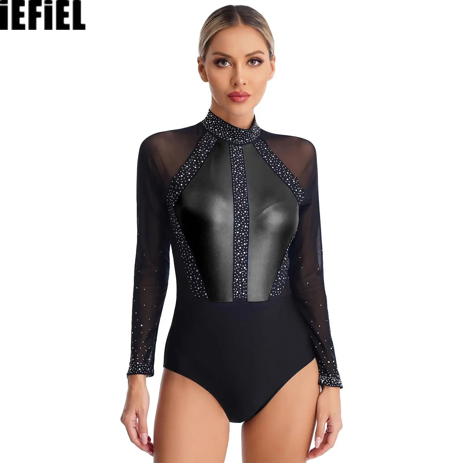 Body da balletto da donna con strass Color Block Patchwork Buco della serratura sul retro Body in rete trasparente per ginnastica Pattinaggio di figura