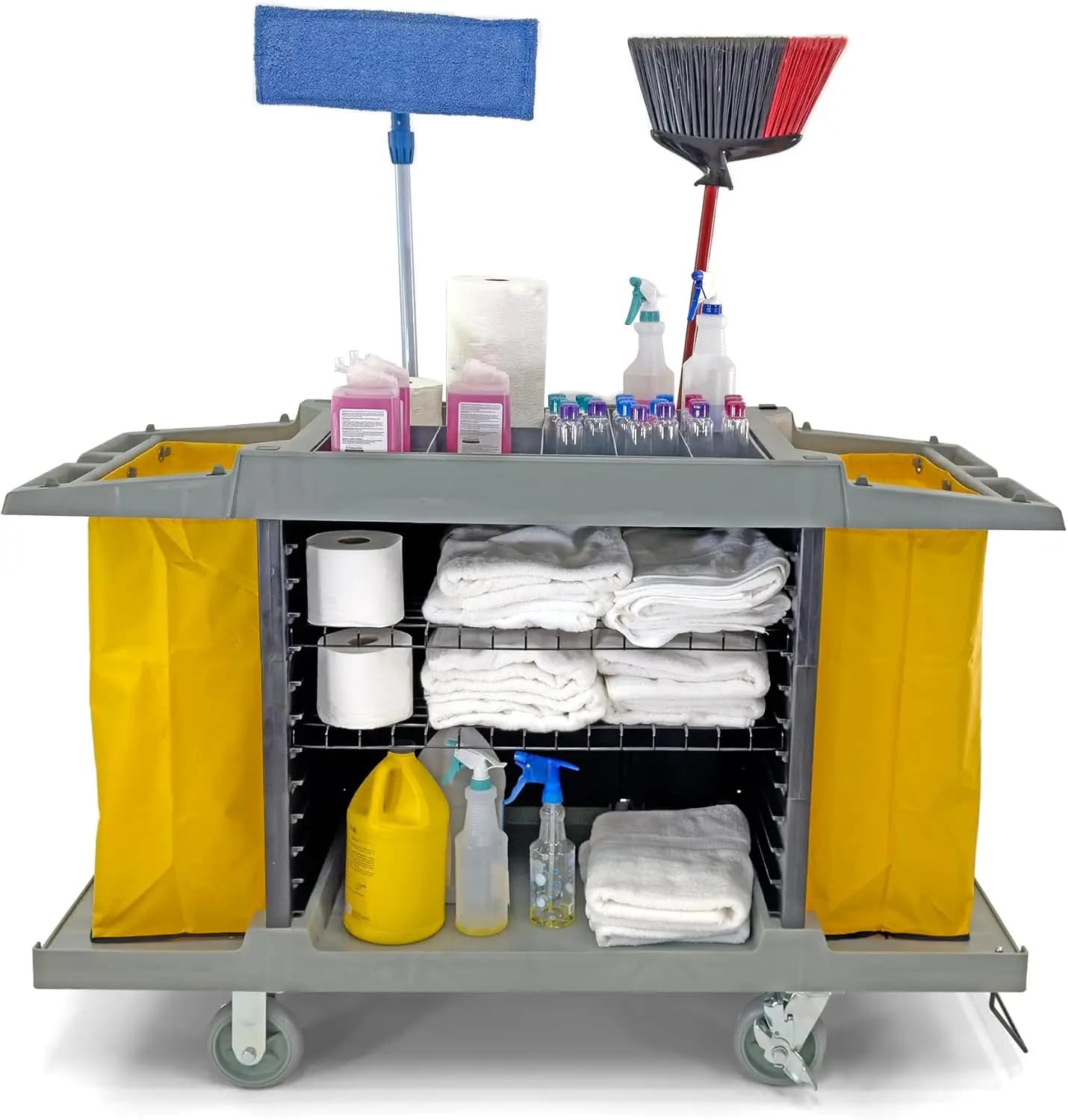 Commercial Housekeeping Room Service Cart Mobile Hotel Cleaning Organizer Trolley With Multiple Shelves And Storage Bags For Laundry Maintenance Utility Gray