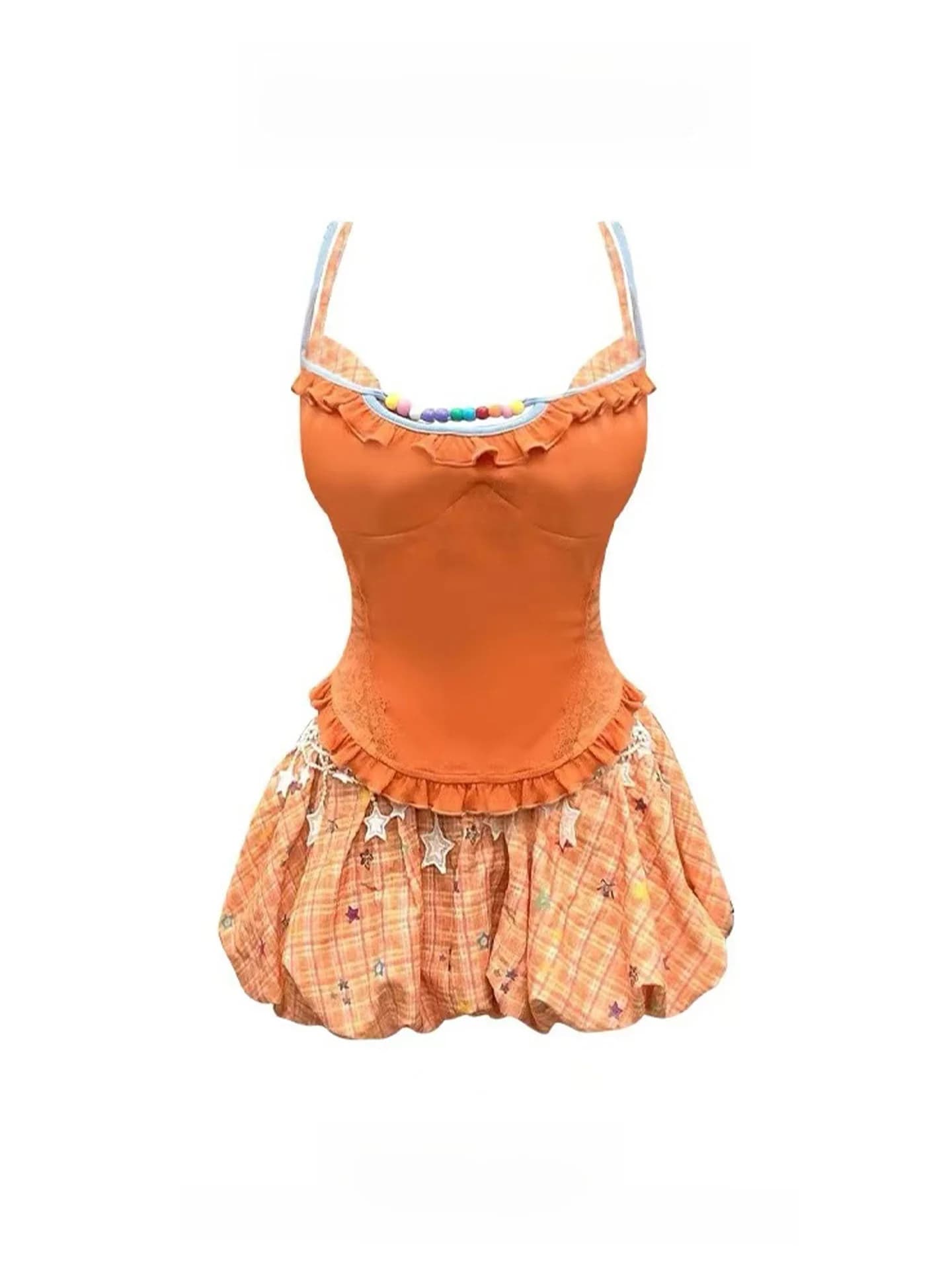 Completo Donna Estivo Dopne Orange: Top e Gonna Plissettata con Stampa Floreale e Blusa a Quadri con Cintura in Vita