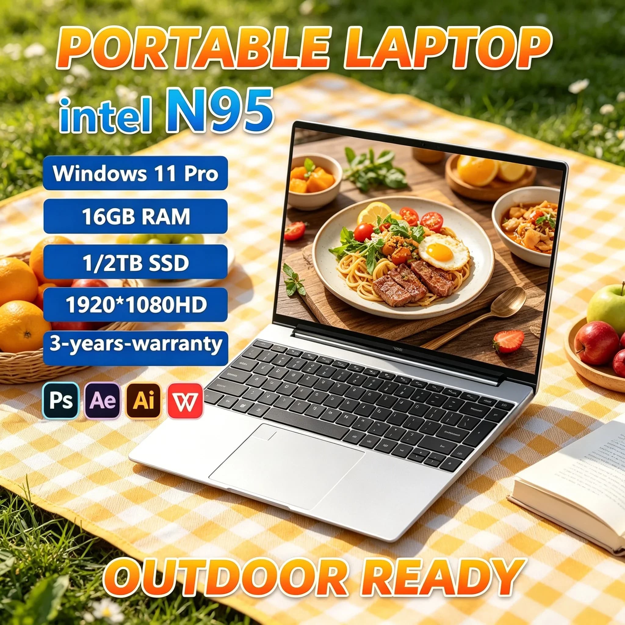 Laptop Portatile per Business e Intrattenimento, Processore N95, Schermo IPS Full Screen 120Hz, 32GB+2TB SSD, 7500mAh Lunga Durata, PC con Impronta Digitale