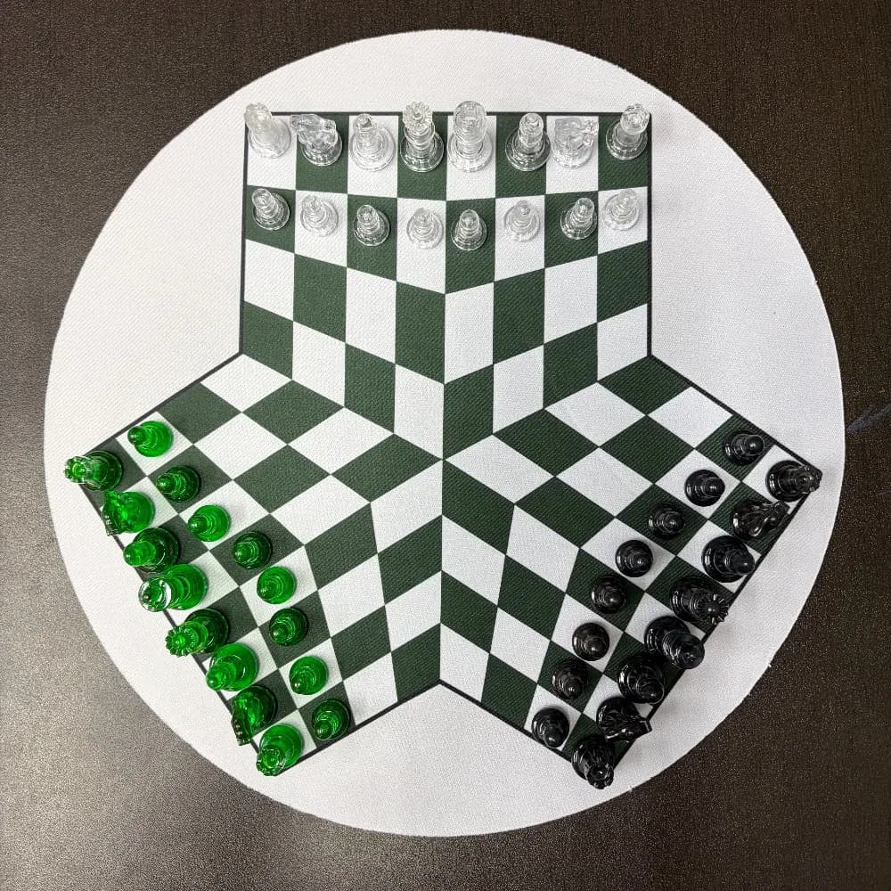 3-Person Chess Set Classic Board Game, Translucent Pieces, Including a 35cm Chessboard Mouse Pad + 48pcs (Green/Black/Cream)