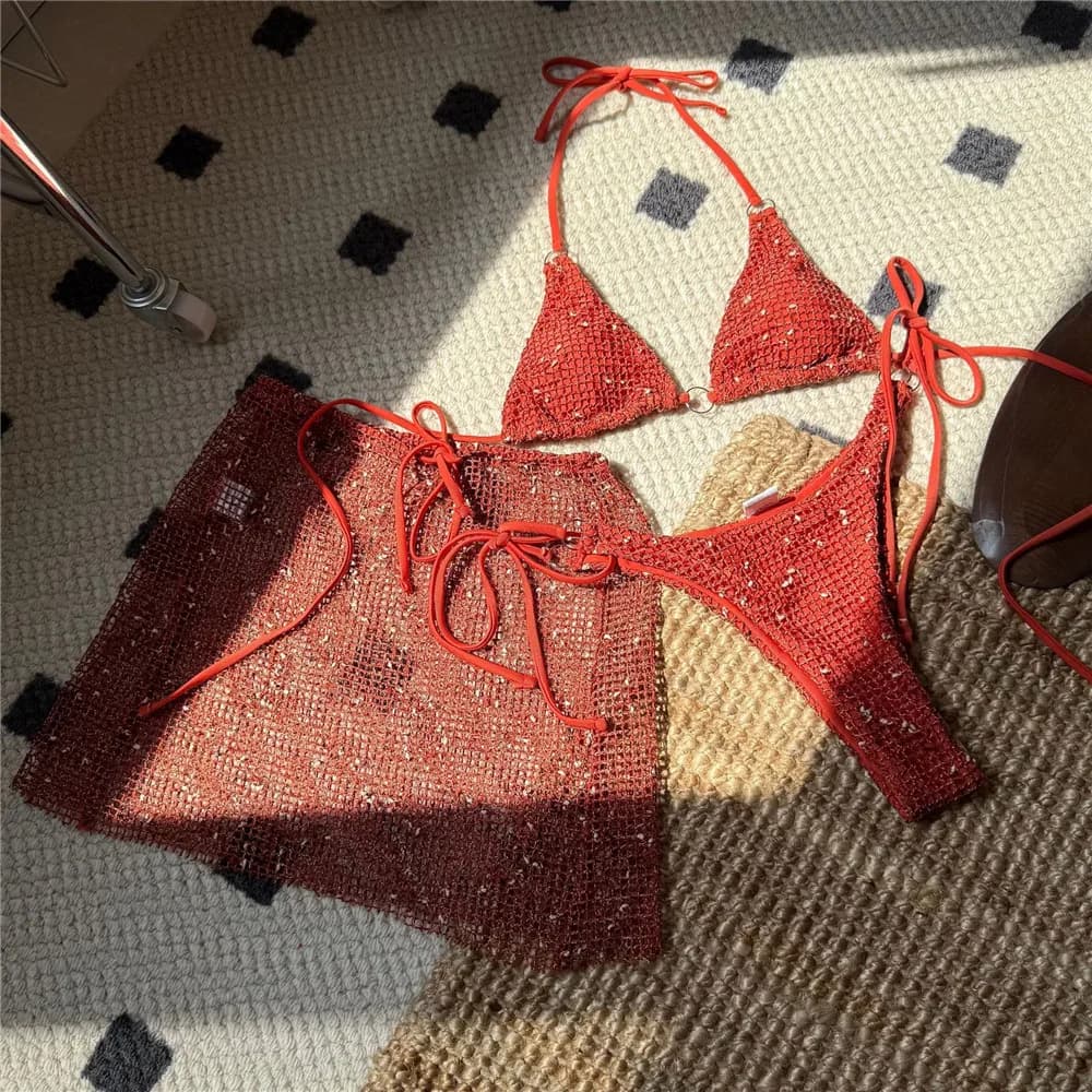 Sexy Red Fishing Net Mesh Swimwear Halter String Triangle Bikinis Sets Mini Skirts Micro Thong Swimsuit Women 2026 Biquinis