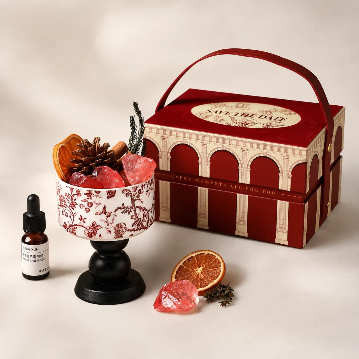 Crystal Aroma Stone Diffuser for Essential Oils, French Vintage Ceramic Cup with Wood Base Fragrance Gift Set for Home Bedroom O