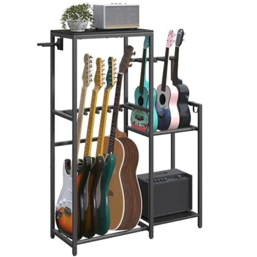 Supporto Multi-Gitara per Chitarre Acustiche, Elettriche, Basso, Ukulele, Banjo - Rack per 5 Chitarre con Supporto AMP, Porta Accessori e Copertura in EVA per Casa
