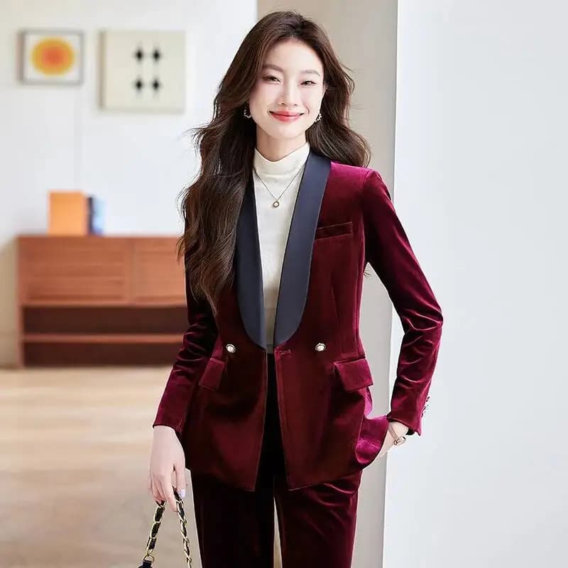 High Quality Fabric Velvet Formal Pantsuits Autumn Winter Career Interview Trousers Set Professional Blazers for Ladies Women