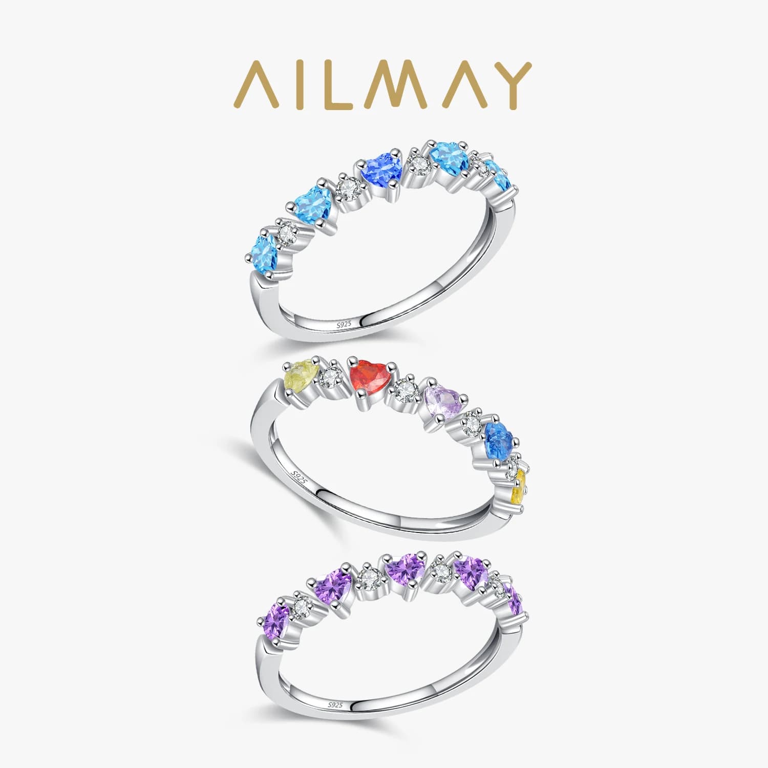 Ailmay 925 Sterling Silver Sweet Romantic Colored Zircon Heart Love Ring For Women Declaration Valentine's Day Gift