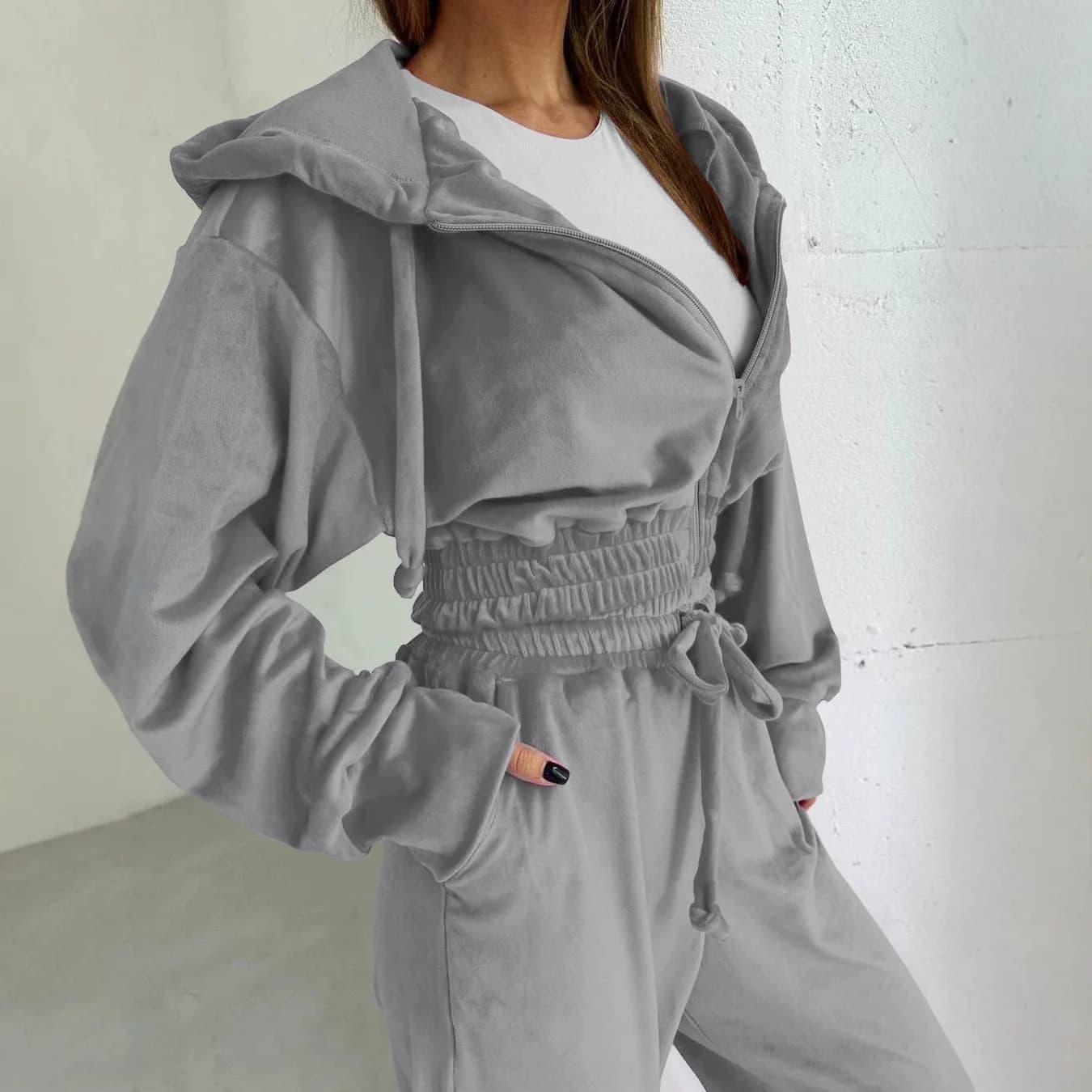 Women's Sportswear Set Pure Color Hooded Zipper Casual Velvet Surface Outerwear Long Pants Two-Piece Set Cross-Border