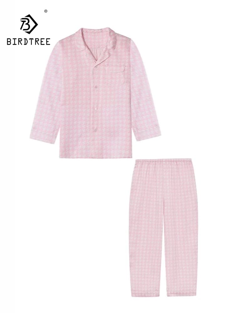Birdtree, set pigiama per bambini in vera seta al 100% da 19MM, pied de poule a maniche lunghe, abbigliamento morbido per il tempo libero 2024 estate autunno nuovo S479123QC