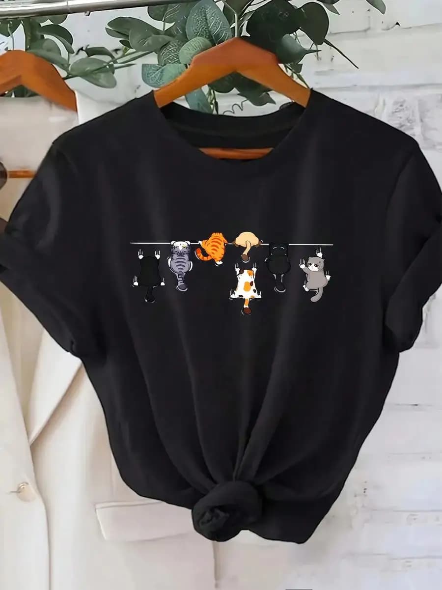 Women s Cute Cat Print Round Neck Short Sleeve Casual T-Shirt