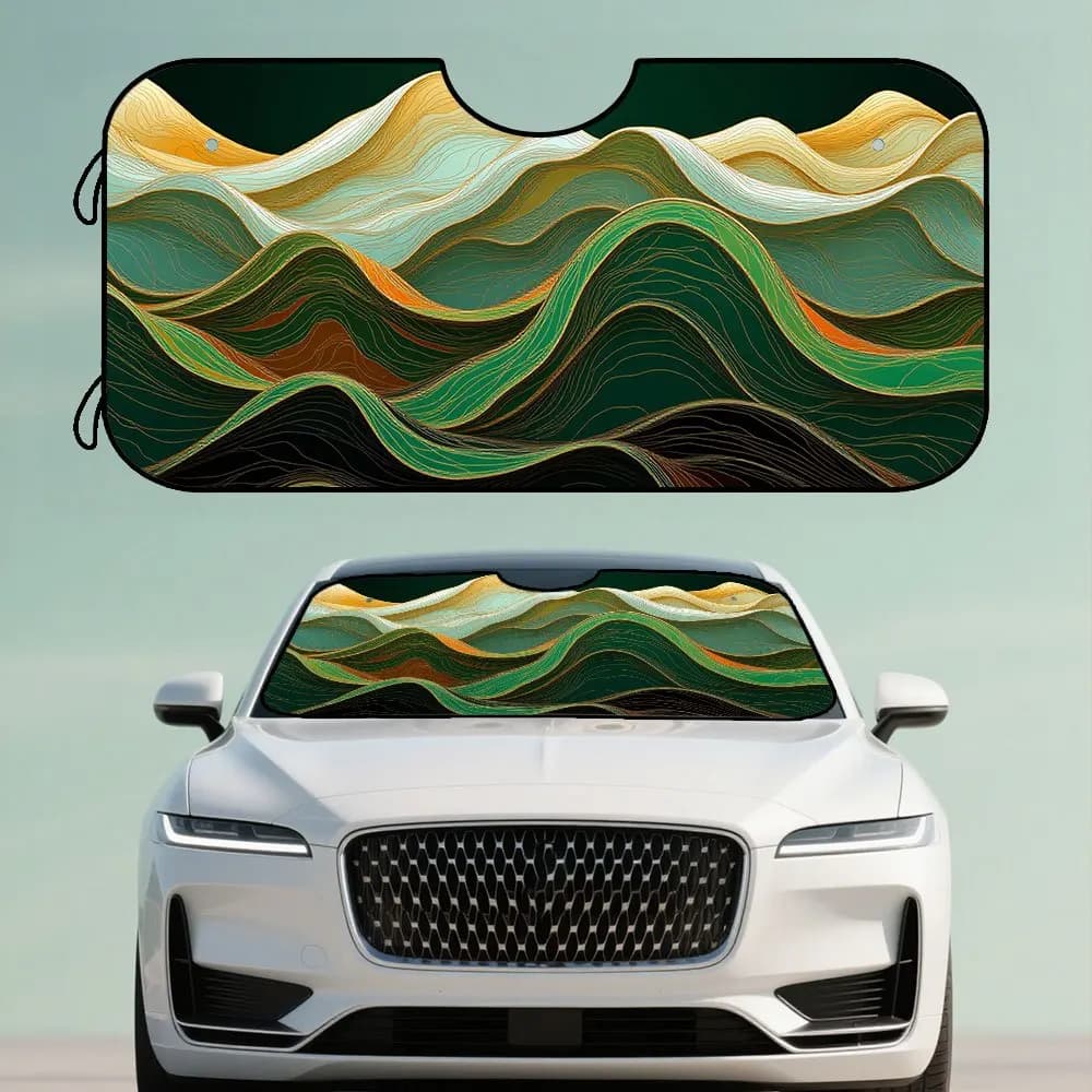 1pc, Green Golden Floral Abstract Art Pattern Car Front Windshield Sunshade, Stylish And Functional Interior Accessory, Keeps Ve