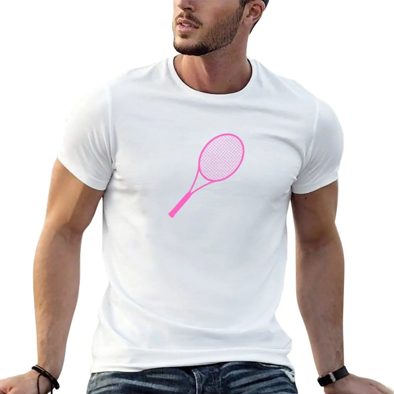 T-shirt rosa con stampa racchetta da tennis, t-shirt slim fit da uomo, confezione di t-shirt bianche da uomo, t-shirt di lusso