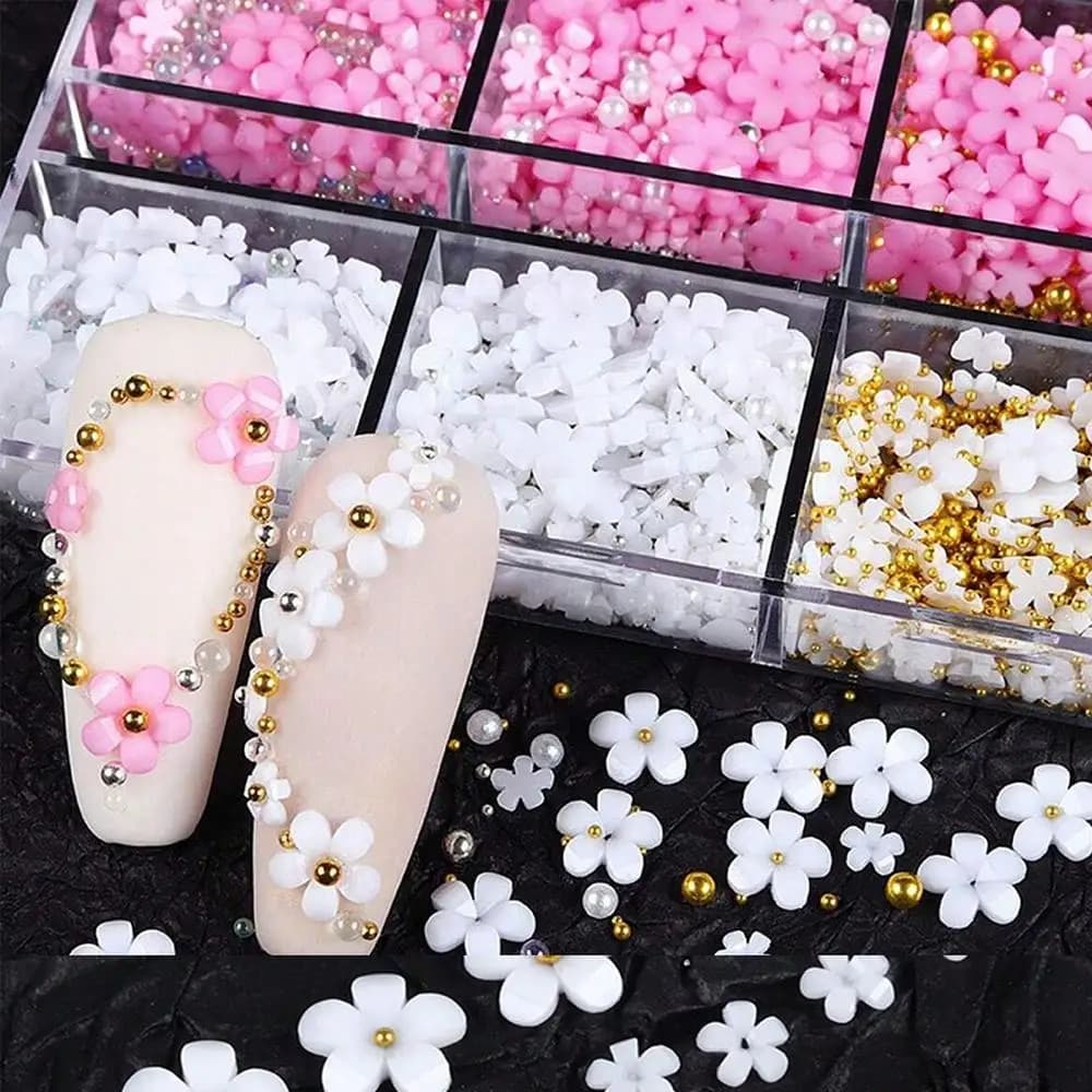 1Box 3D Pink/White Acrylic Flower Nail Charms with Gold&Silver Steel Beads Nail Art Decorations DIY Crafts Manicure Accessories