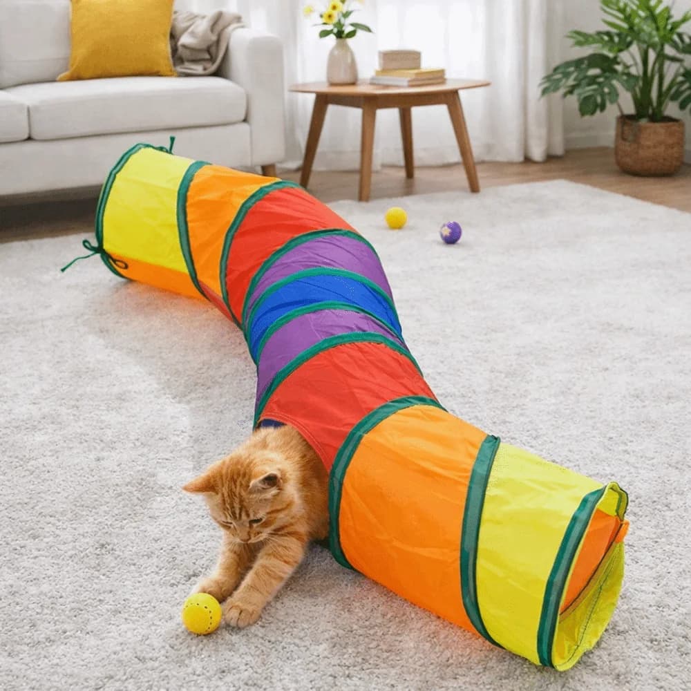 Giocattolo puzzle Tunnel per gatti pieghevole colorato Giocattoli traspiranti con palla Giocattolo di addestramento per gattini Gatto interattivo Nascondere grotta