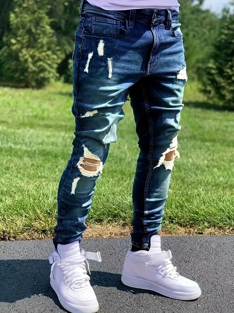 Fashionable jeans aged by man - Street Style, comfortable stretch denim with torn details, versatile for all seasons, every day