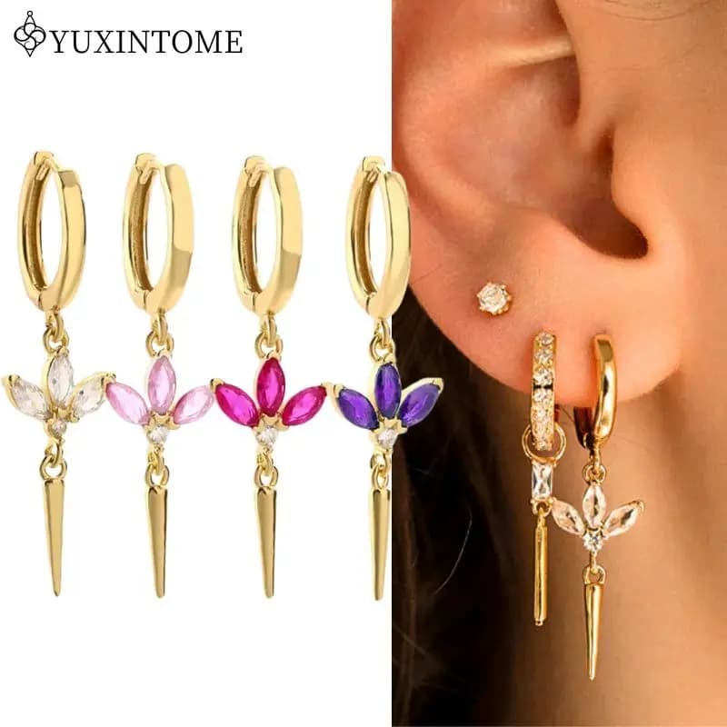 925 Silver Needle Three-leaf diamond Multicolor Zircon Rivet Long Pendant Hoop Earrings For Women Luxury crystal Jewelry Gifts