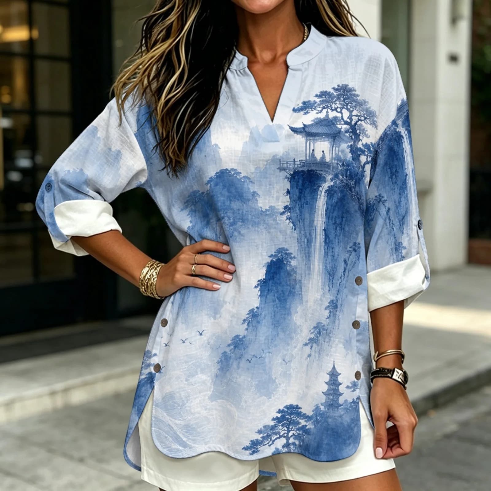 PENSTROLL Blue Ink Landscape Print Linen Like V Neck Blouses Side Slit Long Sleeve Tops for Women for Ladies Sizes S-5XL