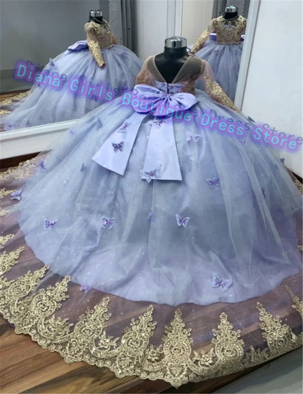 GorgeousGold Applique Flower Girl Dress Tulle soffice con fiocco Farfalla Principessa Abiti da festa di nozze Abiti da compleanno per bambini