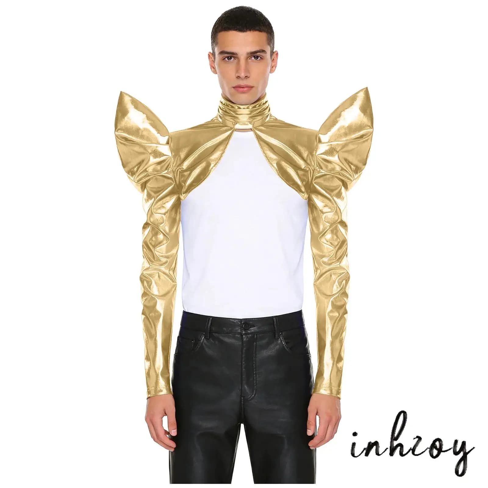 Men's Bolero Futuristico Iridiscente Metallizzato a Maniche Lunghe con Collo Alto e Cerniera Posteriore Aperta, Ideal for Theme Celebrations