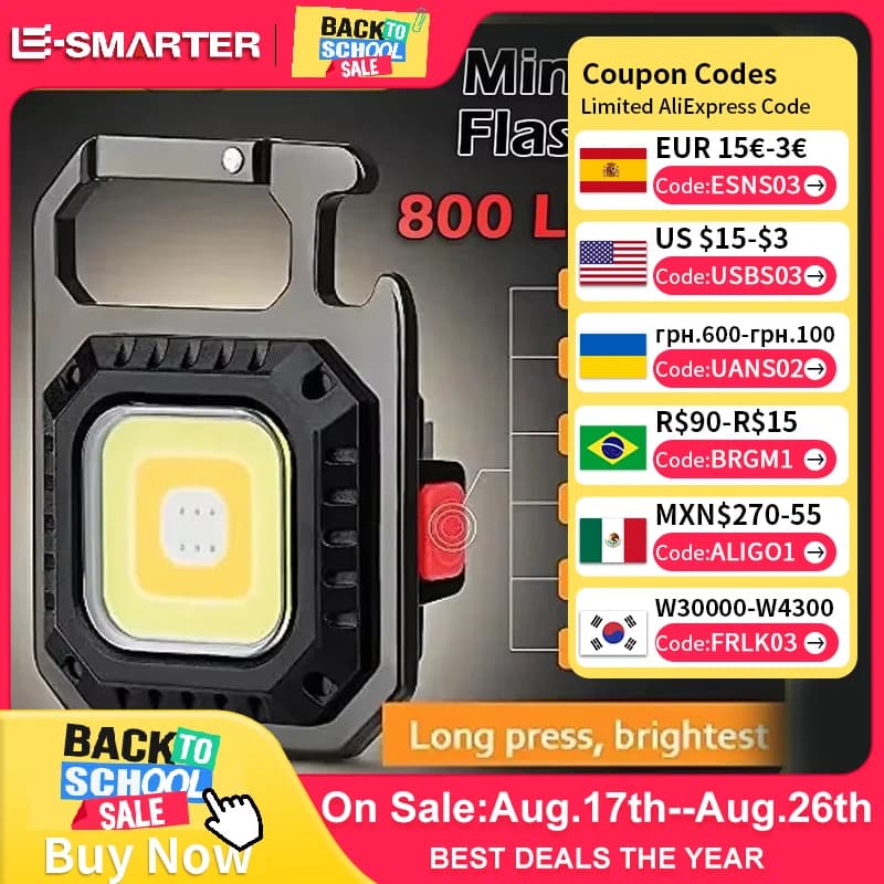 Mini LED Flashlight Magnetic COB Outdoor Camping Pocket Work Light 800 Lumens USB Rechargeable 7 Modes Spotlights