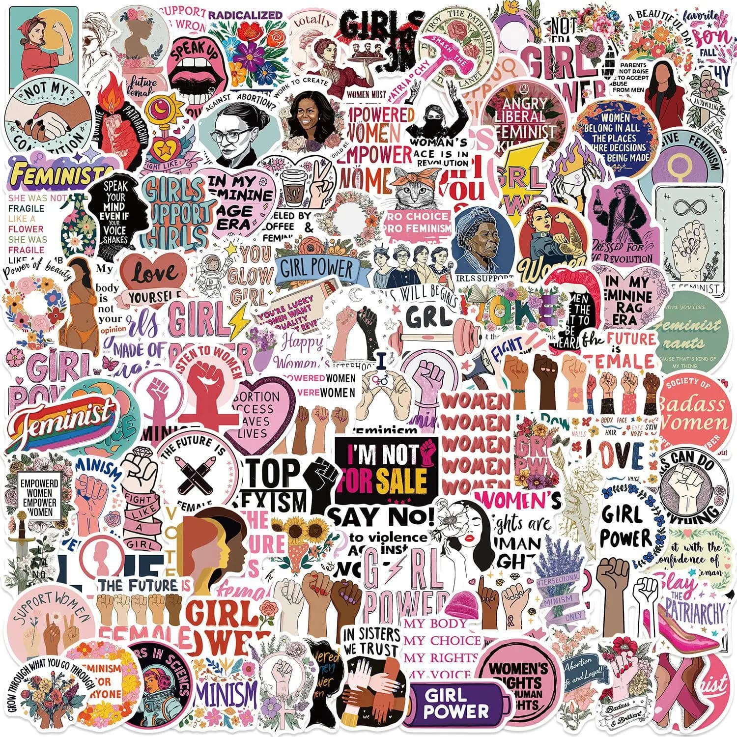 200 Adesivi Femministi con Graffiti Cartoon, Girl Power, Decalcomanie in Vinile Impermeabili per Valigie, Cancelleria, Quaderni, Laptop