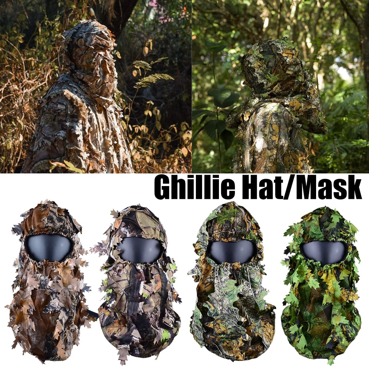 NEW Ghillie Camouflage 3D Full Face Mask Maple Leaves Bionic Jungle Headwear Cap Turkey Camo Accessories