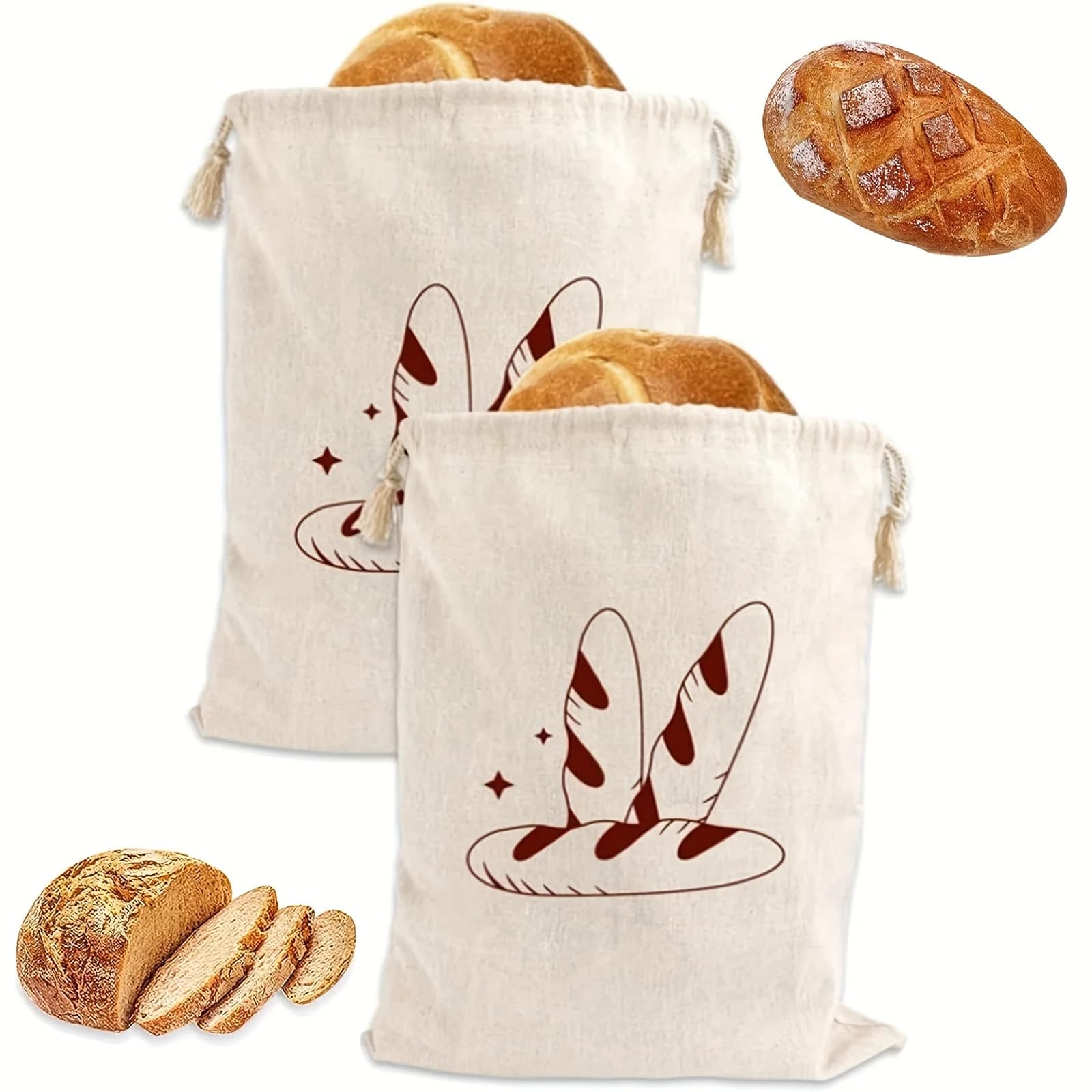 Sacchetto per Pane in Lino Riutilizzabile, Borsa con Cordoncino in Cotone per Conservare Baguette, Pane Fatto in Casa, Ecologico e Fresco