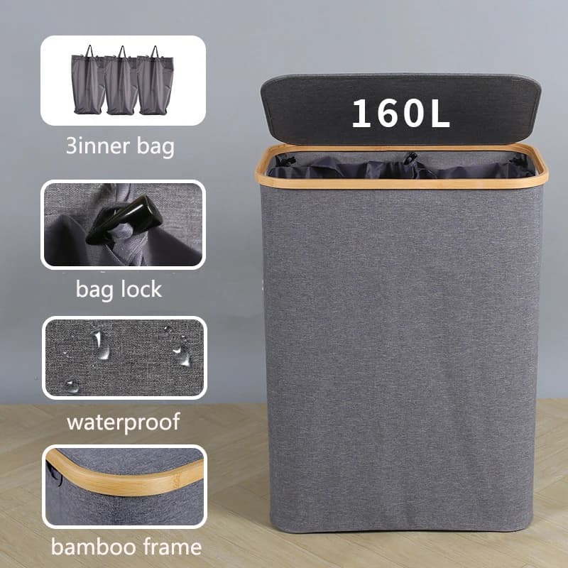 Extra Large 160 litres whiteware basket with folding basket cover with 3 sections with removable basket bags for dirty clothes