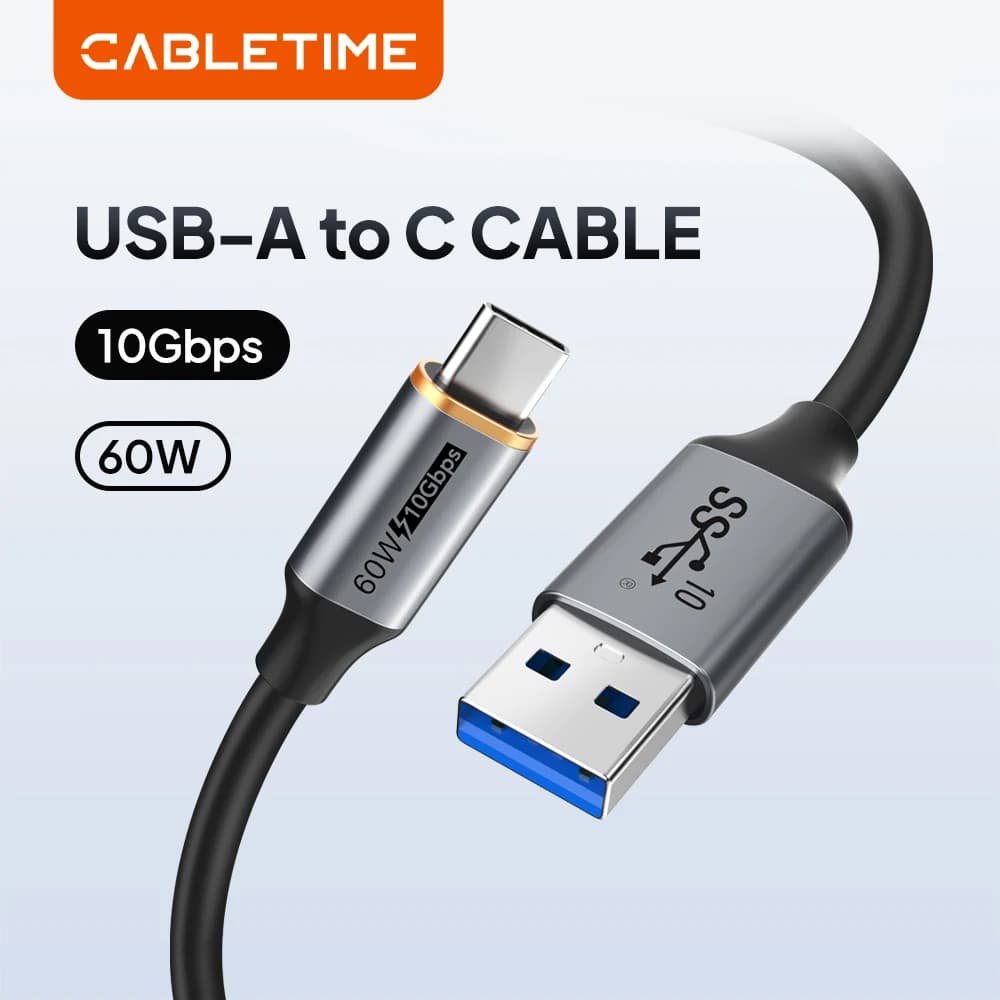 Cavo CABLETIME USB 3.2 a USB C 3A 10Gbps QC 3.0 60W con Filo Intrecciato in PVC per Trasmissione Dati Veloce per Smartphone e SSD