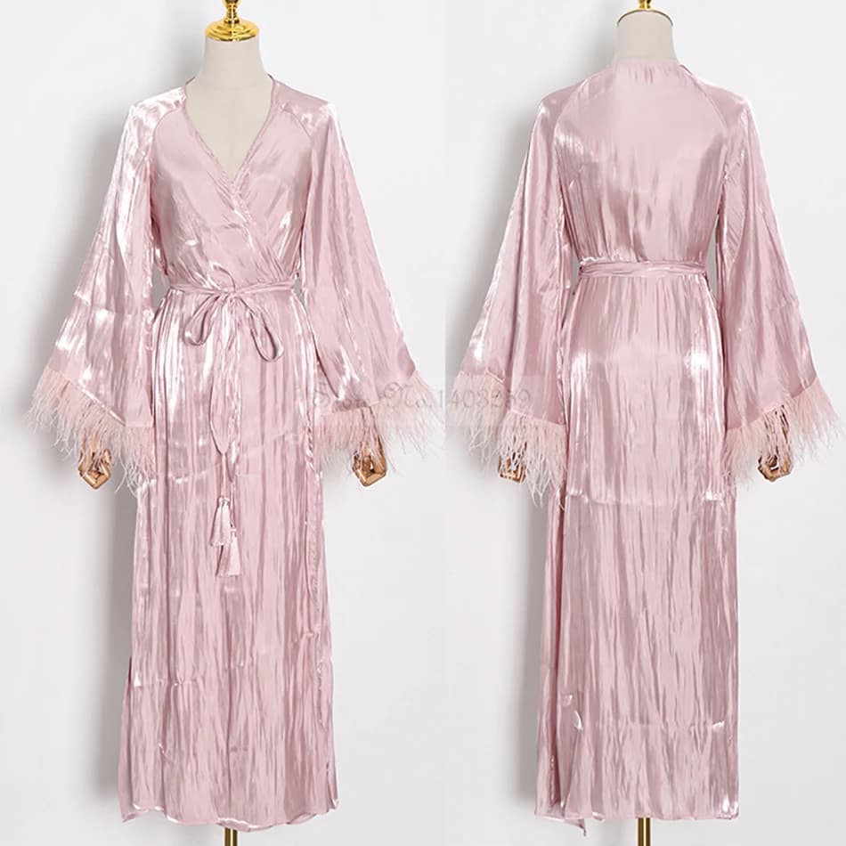 Women's Long Night Shirt Wedding Watch with Sexy Feather Elegant Night Shirt Dress Casual Thin in Satin House Dress Loungewear