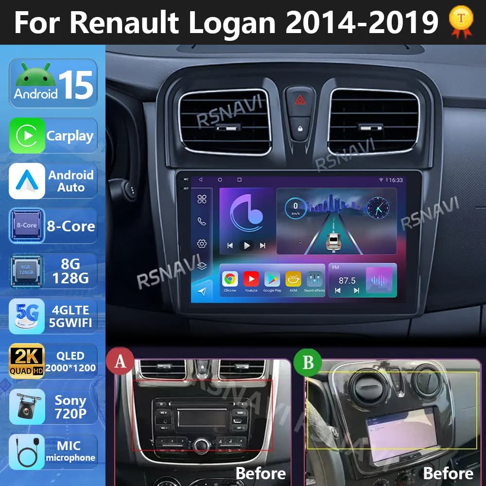 Autoradio Multimediale Android 15 Plug and Play per Renault Logan 2 2012-2022 e Sandero 2 2013-2022 con GPS, 4G e CarPlay