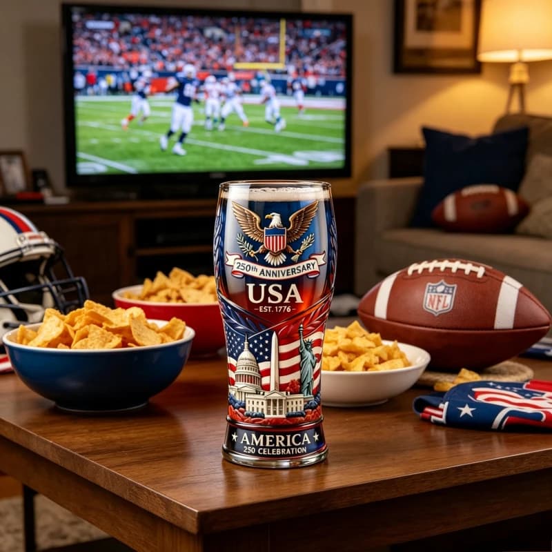 Boccale da Birra Americano per il 250° Anniversario, Bicchiere in Vetro con Monumenti Americani in Rilievo, Collezione a Tema Giorno dell'Indipendenza