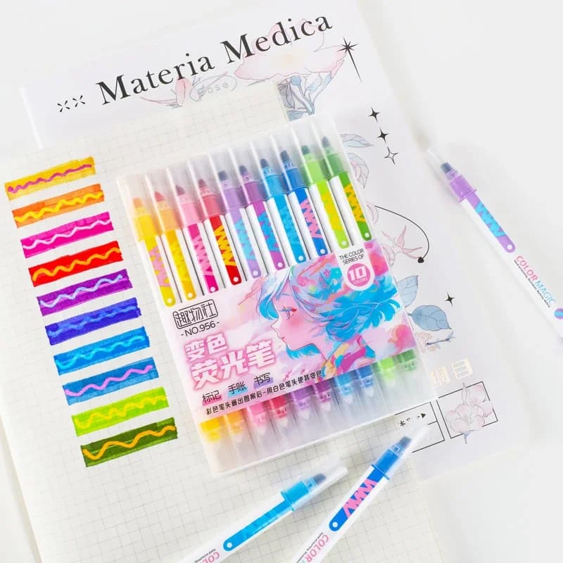 Set di evidenziatori che cambiano colore magico a doppia estremità da 10 pezzi, diario studentesco, album, pittura, creazione fai da te, cancelleria carina per ufficio