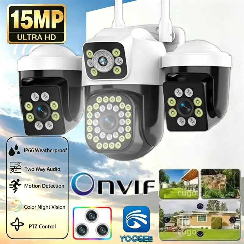 15MP Triple Lenses Triple Screens PTZ Outdoor Security Camera Night Vision IP66 Waterproof Two-Way Audio 10X Zoom Onvif CCTV Cam